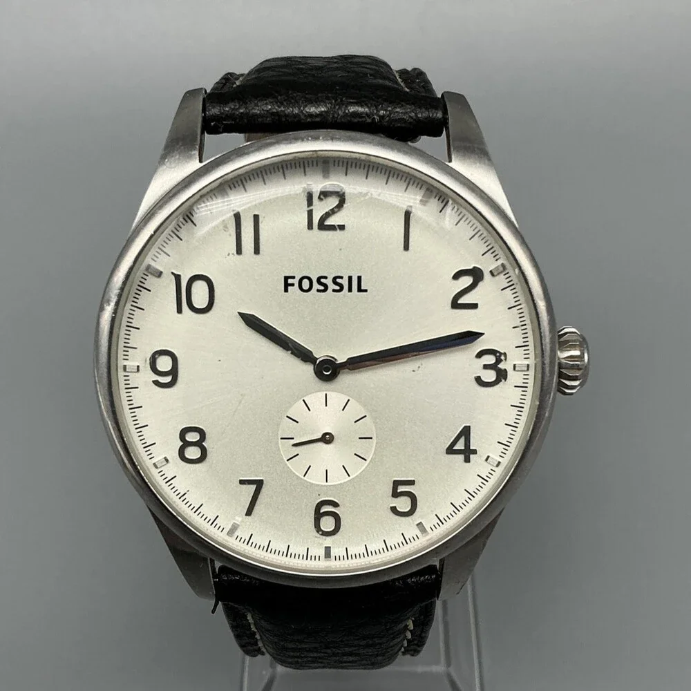 Fossil Mens Watch 42mm Silver Tone Black Leather Small Seconds New Battery